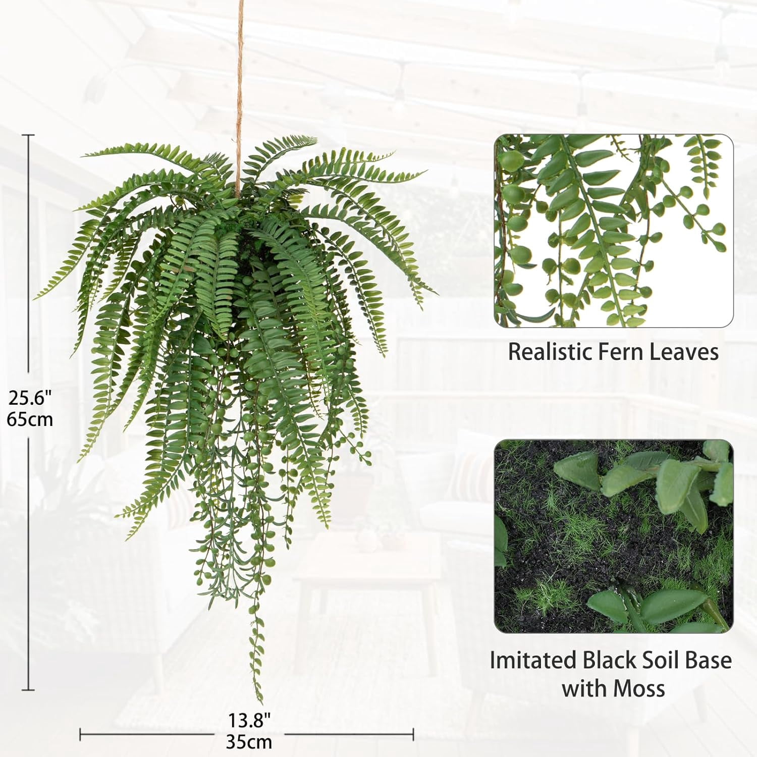 Fake Hanging Plants Mixed Fern Faux Hanging Plants Realistic Fake Plants with Hemp Rope Moss Artificial Hanging Plants Indoor Decor