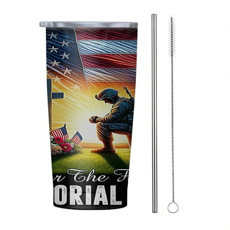 

Veteran Memorial Day Honor The Fallen American flag Soldier Kneeling The Cross 20oz Tumbler Insulated Stainless Steel Water Bottle Portable Travel Coffee Tea Mug Cup