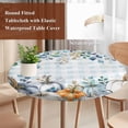 thumbnail image 4 of Blue Thanksgiving Pumpkin Round Tablecloth, Fitted Table Cover with Elastic for 45"-54" Round Tables, Fall Eucalyptus Leaves Plaid Table Cloth Outdoor Indoor Dinning Party Waterproof Tablecloths, 4 of 7