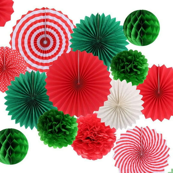 COSMOBETTY 15Pcs Christmas Paper Fan and Honeycomb Ball Set Red White Green Assorted Supplies