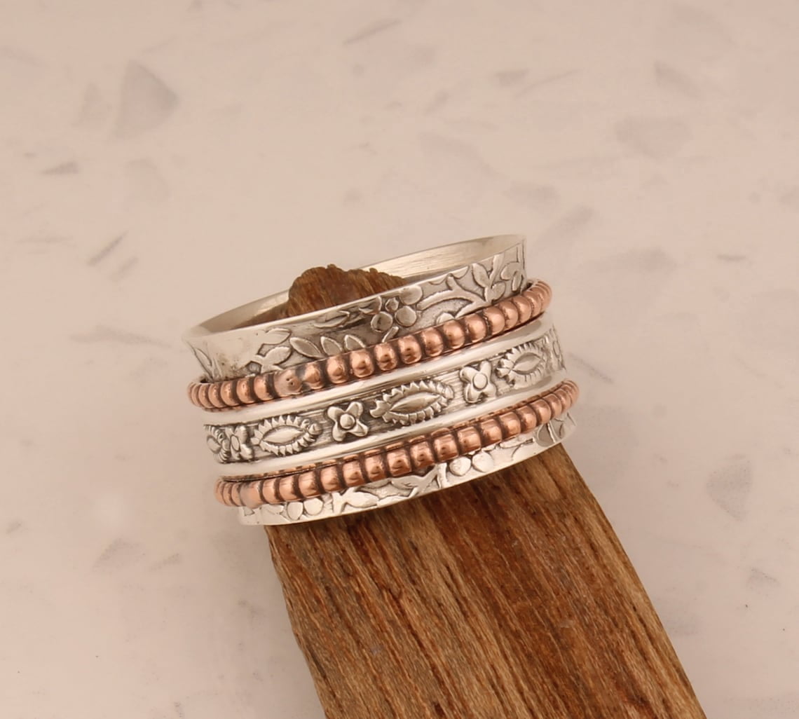 SS DESIGNS- Sterling Silver Spinner Ring | Handmade Two-Tone Silver Meditation Fidget Ring for Stress Relief | Mixed Metal Thumb Band 925