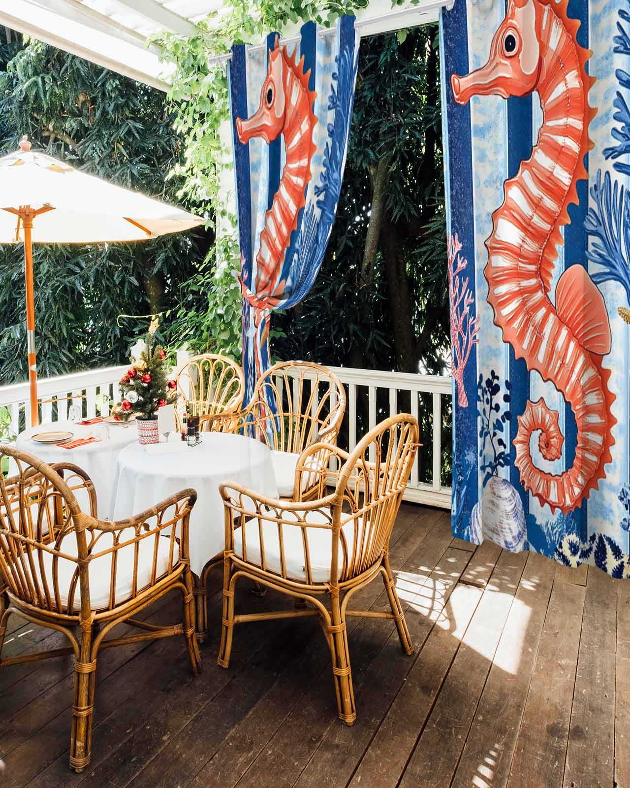 Orange Red Seahorse Outdoor Curtains for Patio, Coastal Ocean Coral Striped Privacy Drapes Grommet Waterproof Outside Curtains for Porch/Cabana/Balcony 54"x 108", 1 Panel