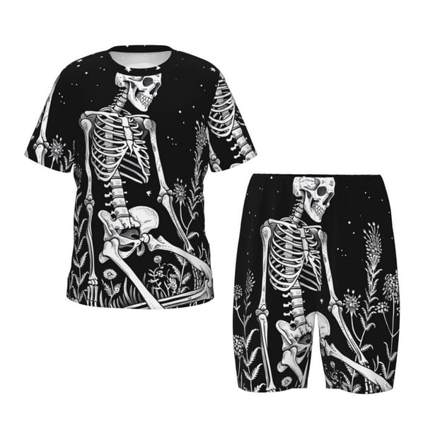 Balery Vintage Black white Plant skull Conjunto de Pijama Infantil de Manga Corta con Estampado – Ropa de Dormir de Algodón Suave-Small