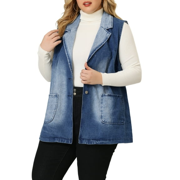Agnes Orinda Women's Plus Size Denim Vests Sleeveless Lapel Jean Jackets with Pockets 3X Sky Blue