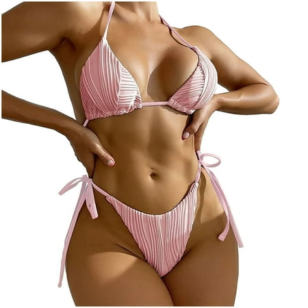Gubotare Women Sexy Bikini Set Halter Padded Top String Bathing Suit Tie Thong Two Piece Triangle Bikini Swimsuit Beachwear Pink M