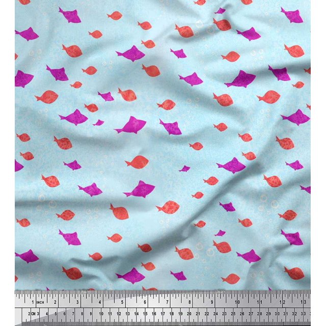 Soimoi Velvet Fabric Bubbles & Fish Ocean Print Fabric by Yard 58 Inch Wide