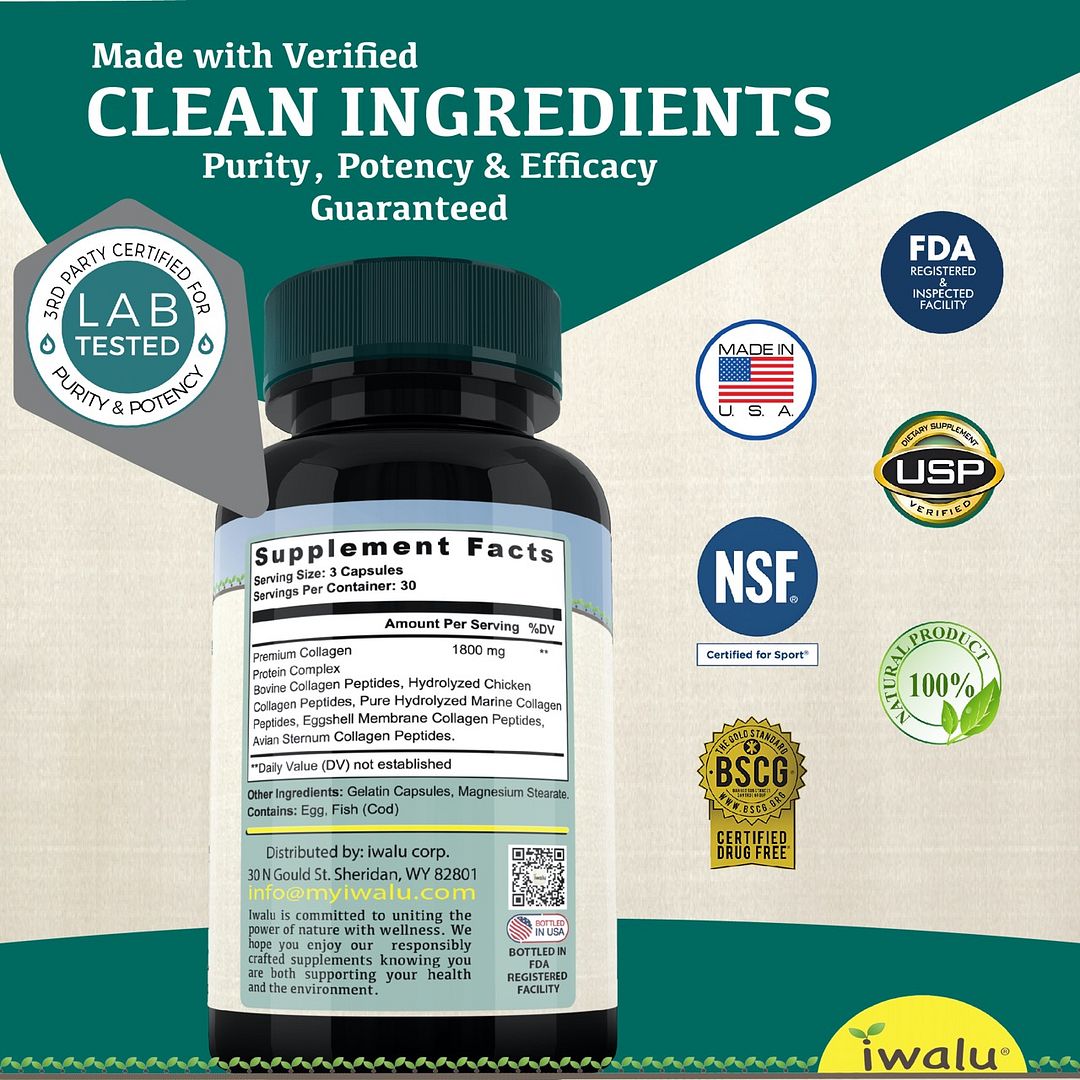 Collagen Peptides Types I II III V X - Joint Health Skin Elasticity Hair Nail Nourishment - Full Spectrum Collagen to Boost Joint Comfort & Skin Hydration - 90 Capsules - NSF Certified - iwalu USA