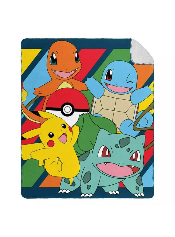 Pokmon Type Awesome Cloud Throw Blanket with Sherpa Back, 50 x 60 inches Red and Blue