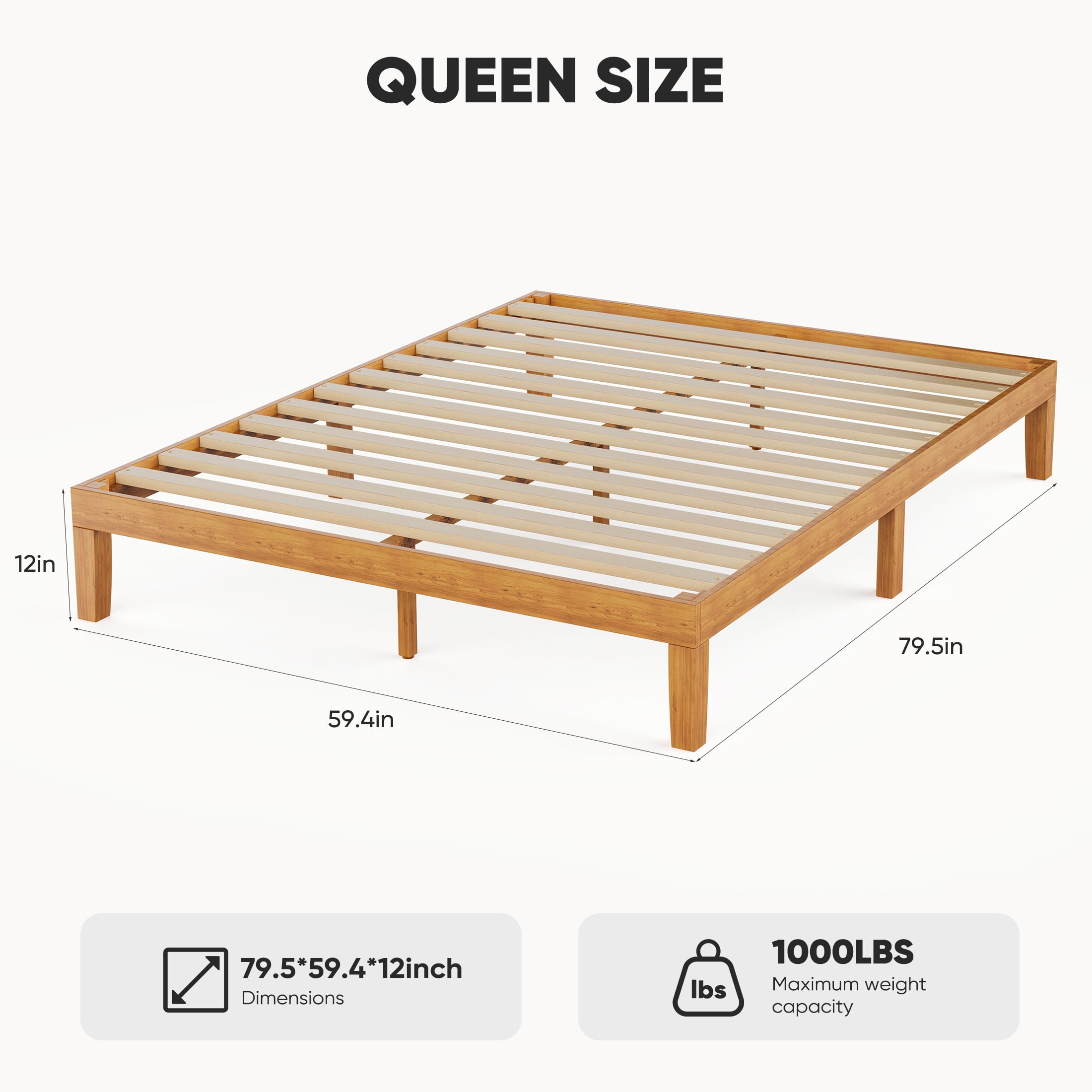 EDX Queen Size Wood Bed Frame, No Spring Needed, 12in Wooden Platform Bed Frame Mattress Foundation with Support Slats, Natural Pine