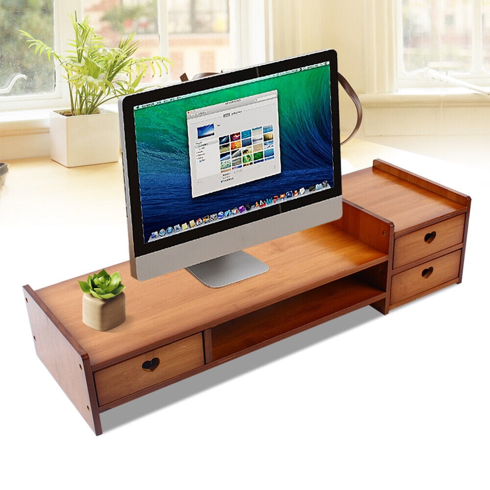 Bamboo Monitor Stand Riser with Storage Drawer Desk Laptop Organizer Stand Riser