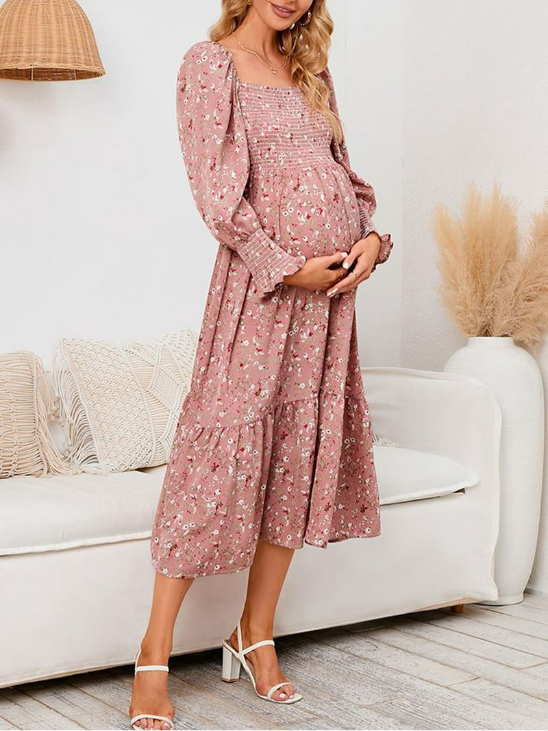 Wassery Spring Fall Casual Maternity Dress Pregnancy Dress Women  Breastfeeding Dresses Long Sleeve Square Neck Pleated Floral Long Dress -  Walmart.com