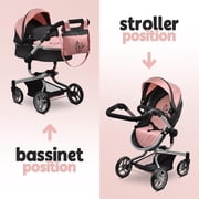 Dolls To Play Convertible Baby Doll Stroller 2-in-1 Pretend Play Pram with Adjustable Handle, Basket & Bag, Pink