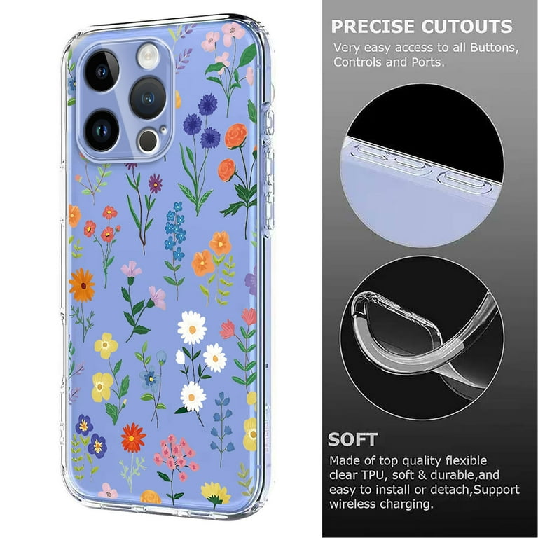 Vulfwela 2 Pack Cute Hibiscus Flower Clear Phone Case For IPhone 15 Pro Case 6.1", Aesthetic Colorful Floral Flowers Pattern Design Girls Women Cover Shockproof Soft Slim TPU Bumper Protection Funda