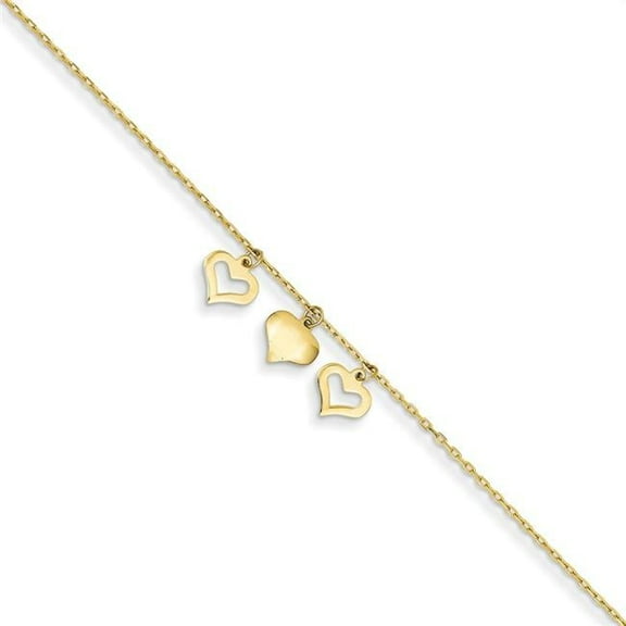 Primal Gold 14 Karat Yellow Gold 3 Hearts 9-inch Plus 1-inch Extension Anklet