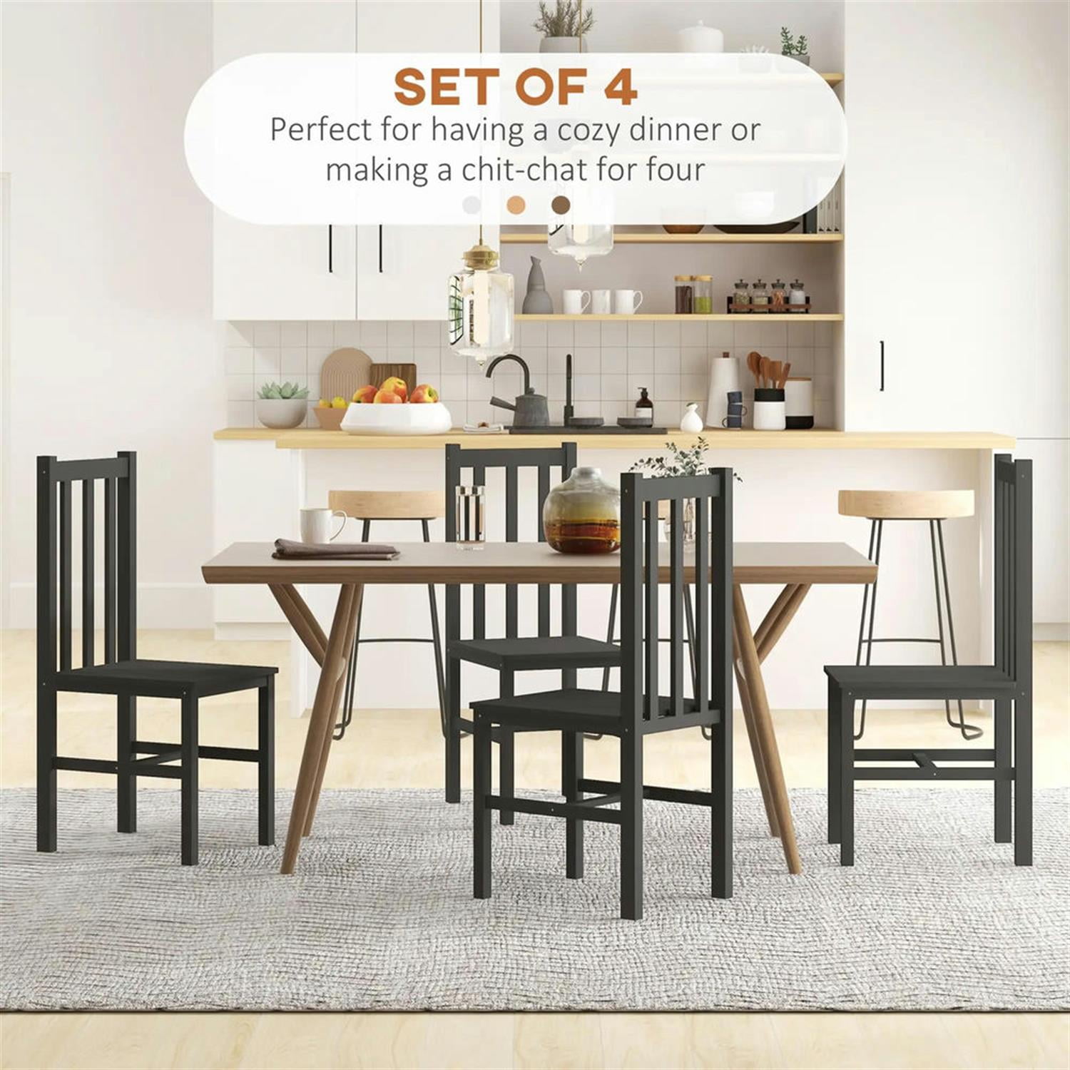 Demi Bonn Dining Chairs Set of 4, Pine Wood Farmhouse Dining Room Chairs with Slat Back for Kitchen Restaurant, Living Room, Black