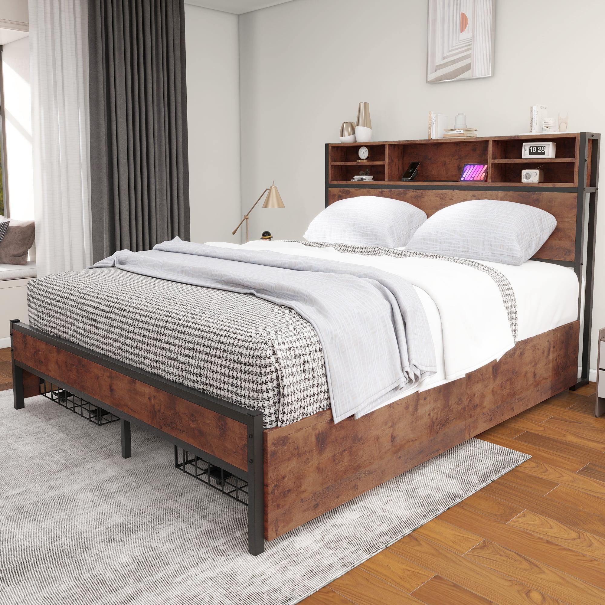 Uforic - Queen Size Bed Frame with Headboard, Metal Platform Bed with 4 Storage Drawers and Charging Station, Easy Assembly, Brown