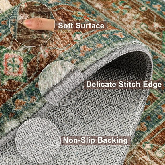 Washable Runner Rug, 2x12 Non-Slip Boho Vintage Hallway Rug with Rubber Backing, Stain Resistant Low Pile Distressed Carpet Runner for Bedroom, Kitchen, Laundry, Entrance