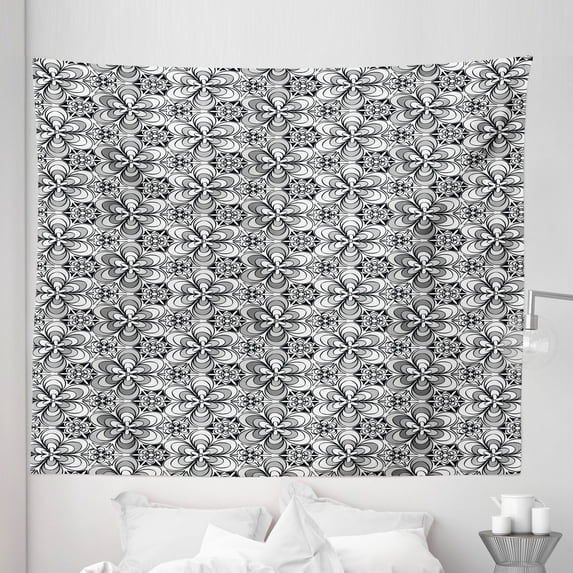 Black and Grey Tapestry, Blossoming Flowers Pattern Simplistic Sketch Style Flourishing Garden, Fabric Wall Hanging Decor for Bedroom Living Room Dorm, 5 Sizes, Black Grey White, by Ambesonne