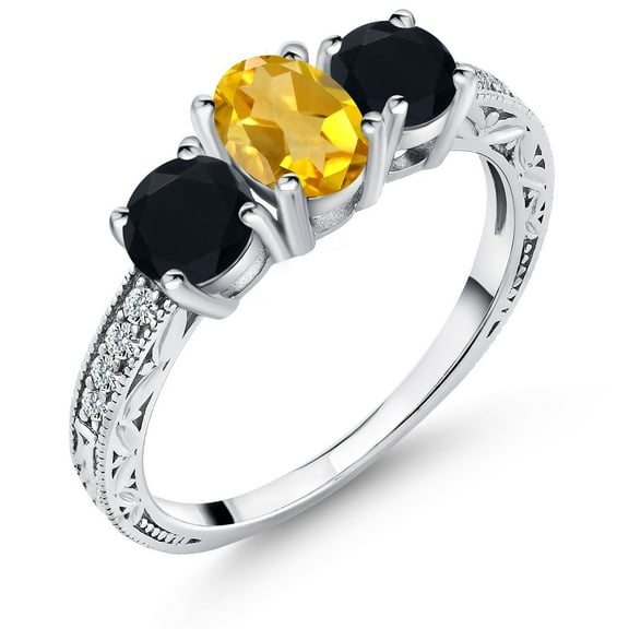 Gem Stone King 1.82 Cttw Yellow Citrine and Black Onyx Ring for Women | 925 Sterling Silver | Gemstone Birthstone | Three Stone Wedding Engagement Anniversary Promise Ring for Women| Size 8