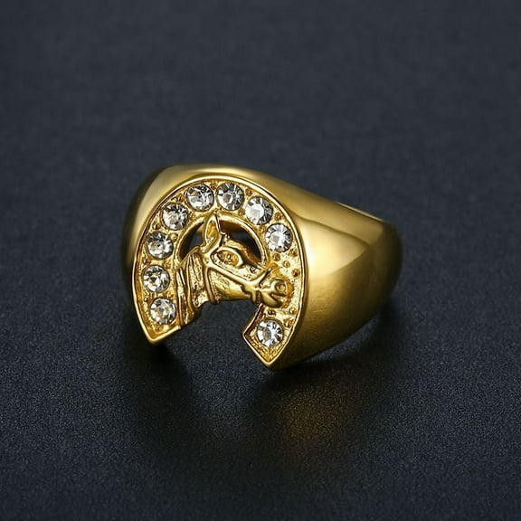 Hip Hop Rhinestones Paved Bling Iced Out 14K Yellow Gold Horse Head Rings for Men Jewelry