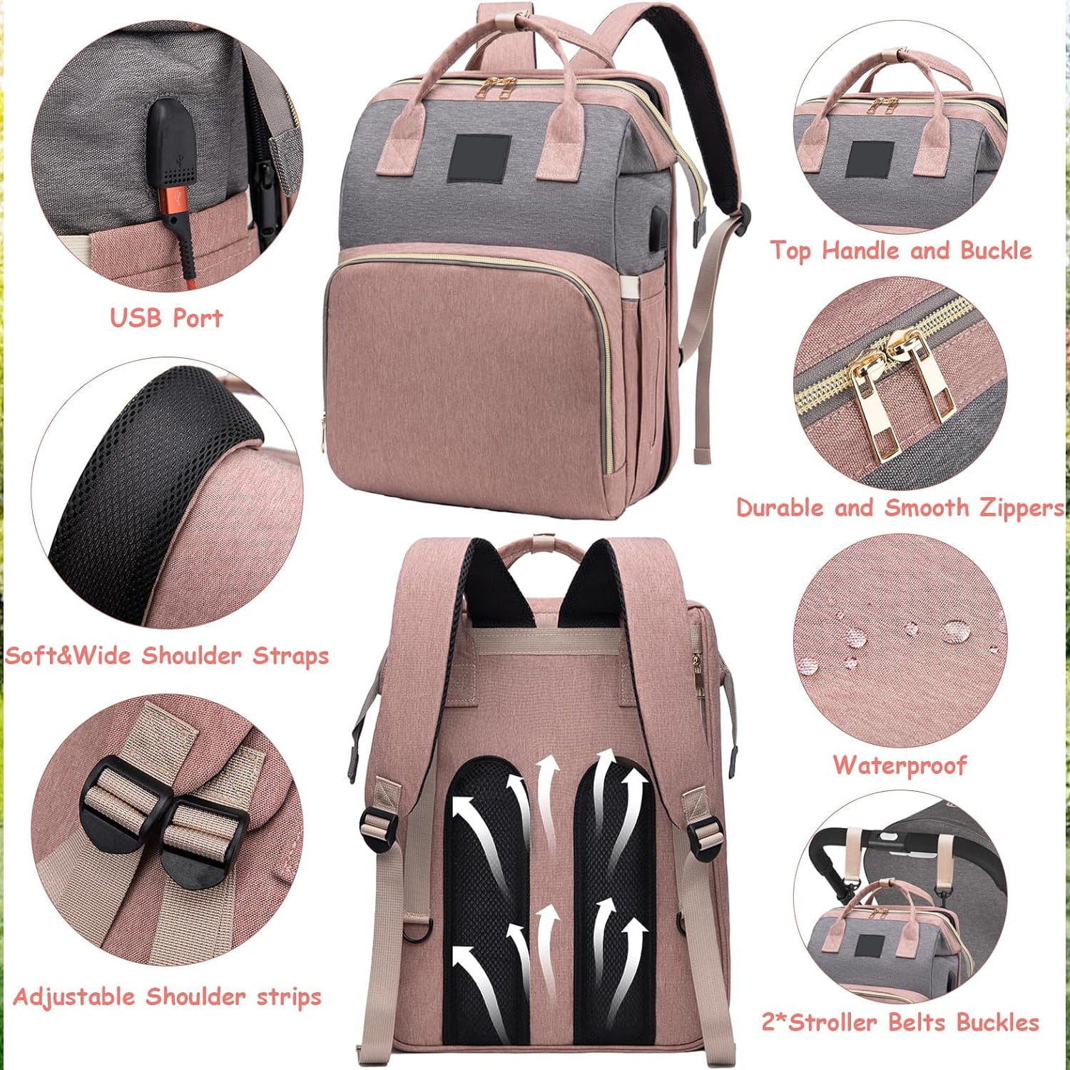 Diaper Bag Backpack，Baby Diaper Bags, Baby Shower Gifts, Multifunctional diaper backpack Large Capacity, (Pink)