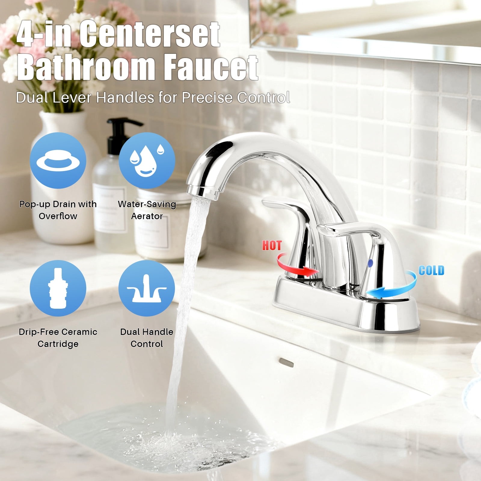 Wowow 4 inch Centerset 2-Handle Bathroom Faucet for Bathroom Sink with Pop Up Drain