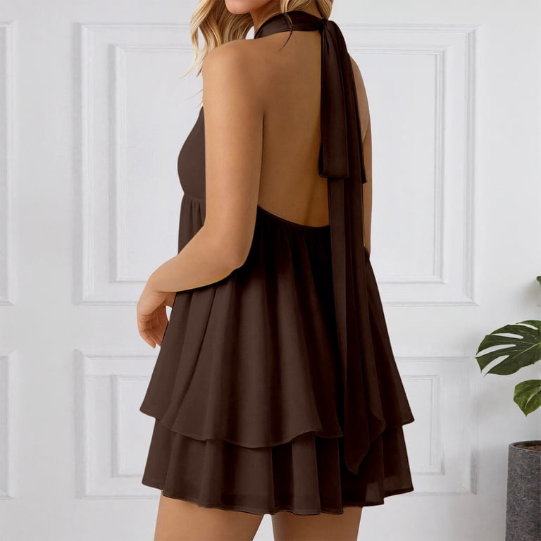 brown drop waist mini dress Women's Halter Wedding Guest Dresses Ruffle Sleeveless Backless Fitted Dress (Brown L) American Eagle Women’s Puff Dress Length: Maxi Girl Dress:9-12 months skimming silhouette