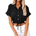 thumbnail image 2 of Women Casual Crop Short Sleeve Button Down Blouses Shirt Collar Loose Fit Shirt Black XL, 2 of 6