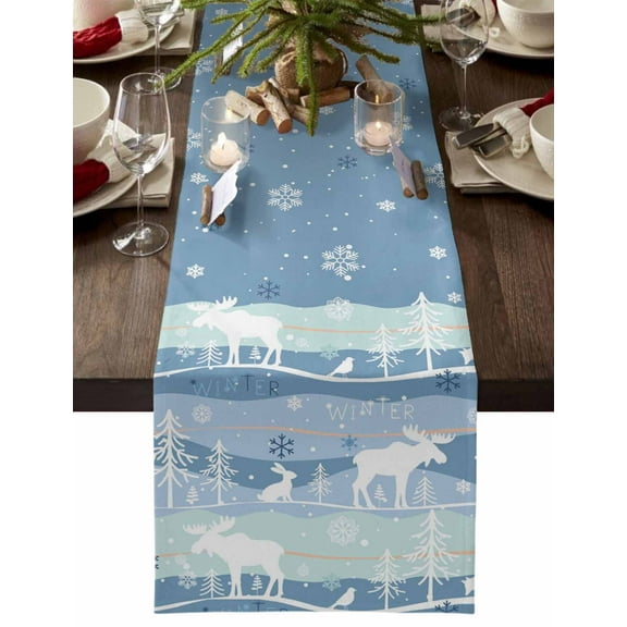 Christmas Table Runner Blue Winter Animal Table Runners Snowflake Deer Wolf Bird Cotton Linen Dresser Scarf Kitchen Dining Table Decor for Christmas Holiday Party Decor 13x36 Inch