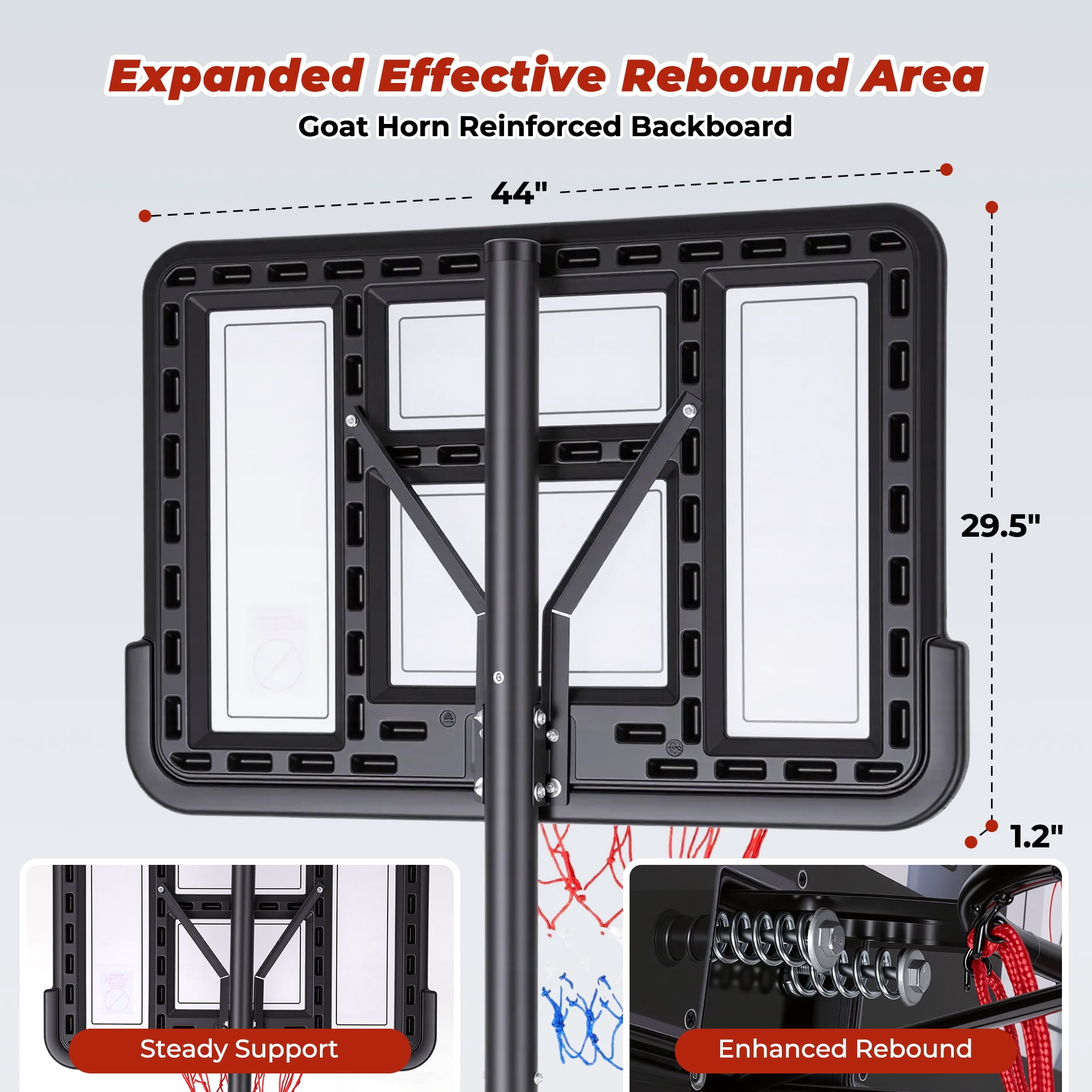 Naipo 44”Portable Basketball Hoop with Upgraded Dual Rear Base 3.5 to 10 FT Adjustable Basketball Stand 270° Safe Play Zone for Everyone in Family