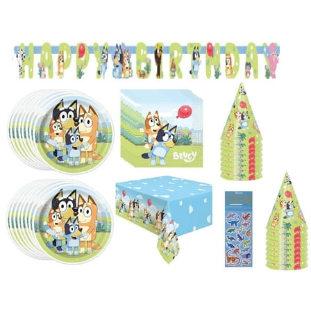 Unique Bluey Birthday Party Supplies Bundle with Party Cone Hats and Sticker Sheet, Serves 16