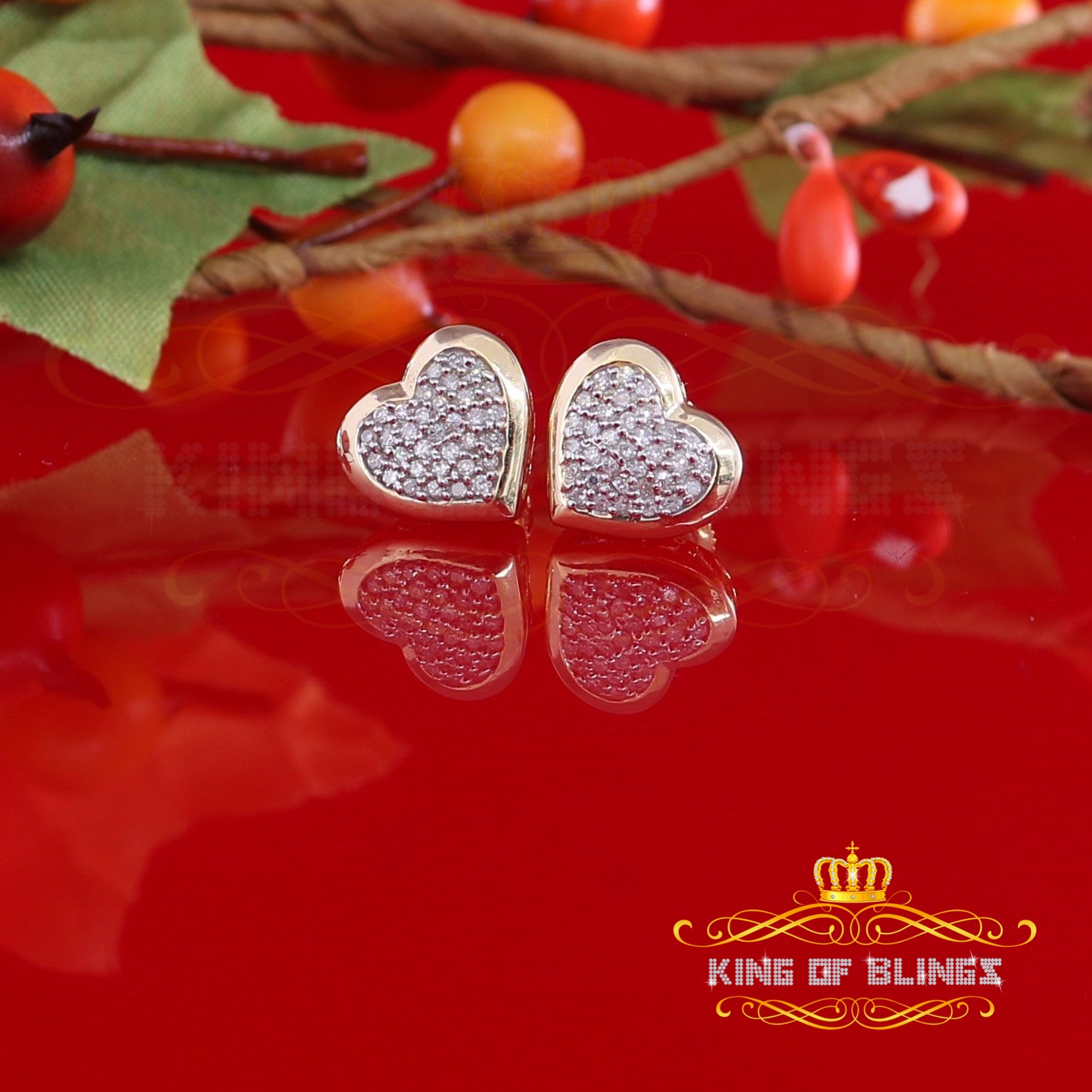 King of Bling's 10K Real Yellow Gold Real Diamond 0.25CT Men's/Women's Stud Micro Heart Earring