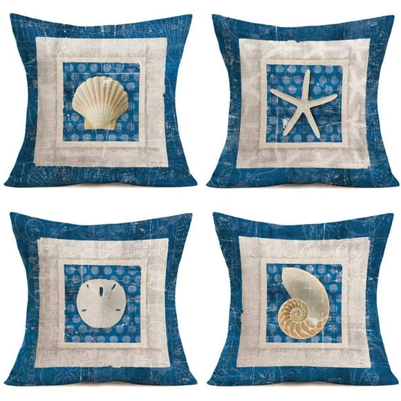 Pillow Covers Set of 4 Ocean Series Vintage Dark Blue Frame Background Ocean Park Theme Sea Shell Starfish Decorative Throw Pillow Case Cushion Cover 18" x 18" (Blue Frame-Sea)