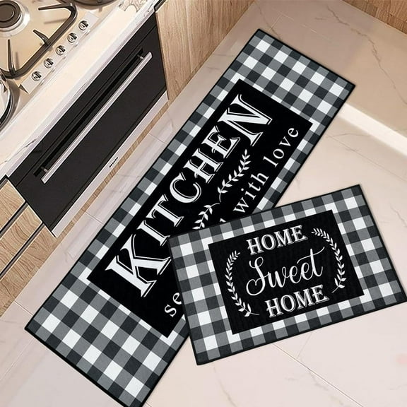 Farmhouse Kitchen Rugs and Mats Non Skid Washable Set of 2, Buffalo Grid Kitchen Mats for Floor, Home Sweet Home Kitchen Runner Rug, Black White Kitchen Decor