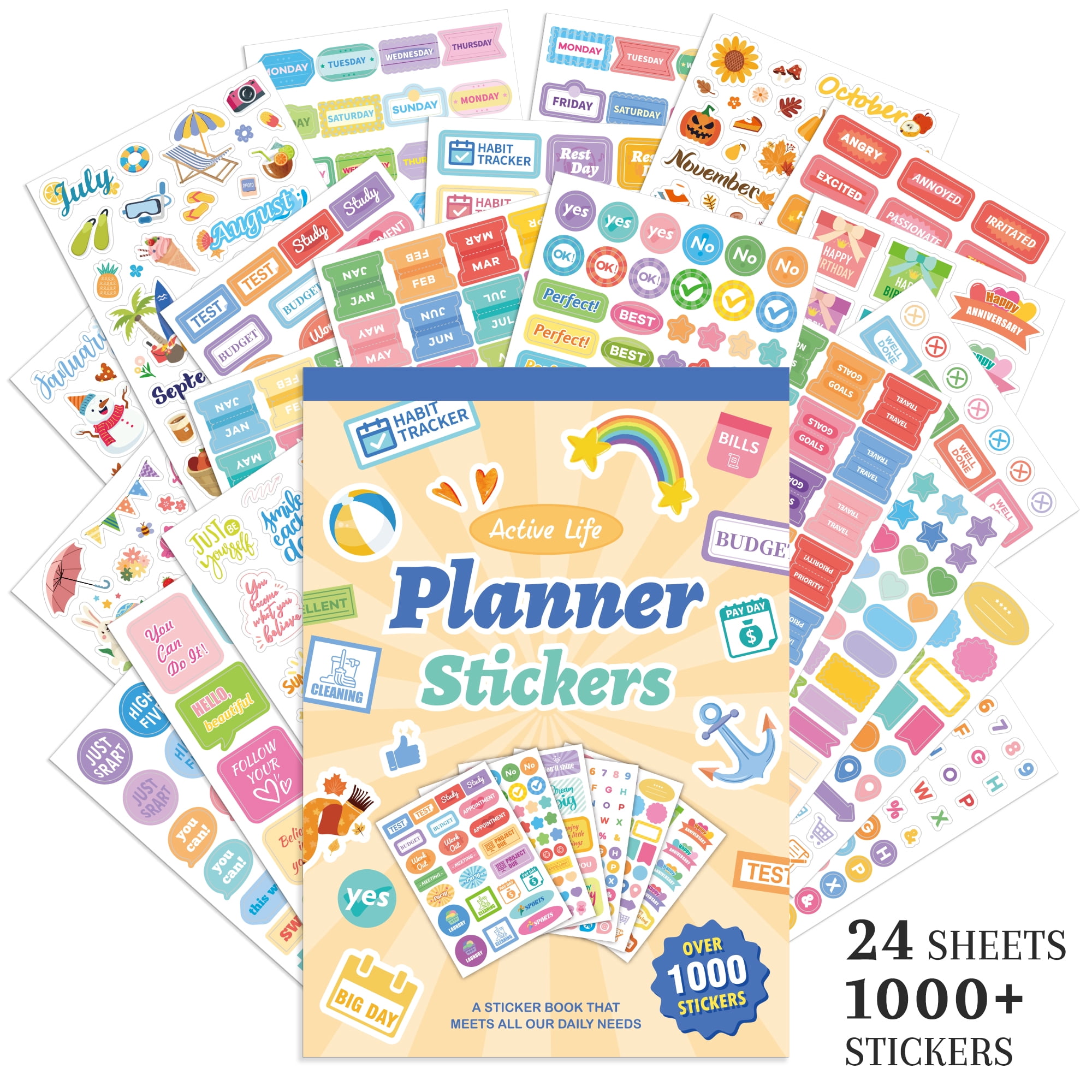 1000+ Holiday Seasonal Daily Monthly Planner Stickers for Women Men - Scrapbooking Supplies 24 Pages Sticker Book for Calendar Vision Board