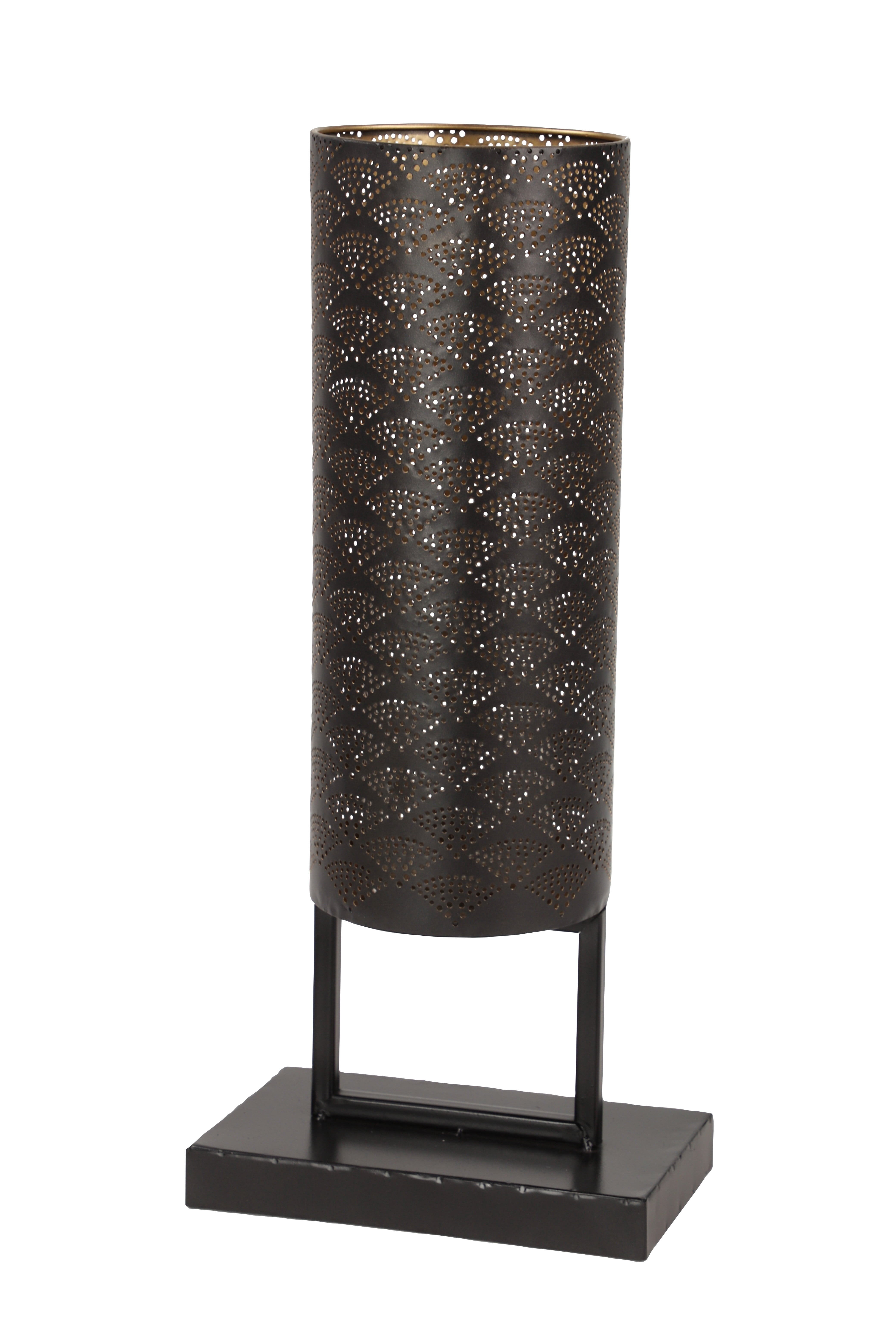 DecMode Modern Style Large Black Cylinder Metal Lantern with Pierced Metal Boho Pattern on Metal Base, 10” x 23”