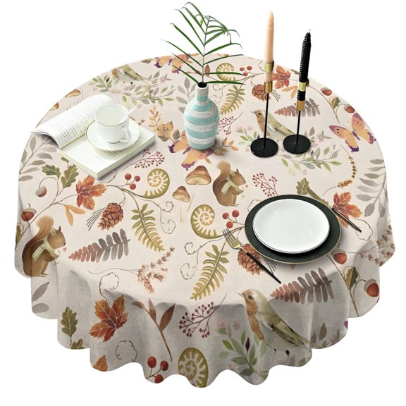 Fall Butterflies Squirrels Mushrooms Round Tablecloth 60" X 60",Wrinkle Wipeable Table Cloth for Kitchen Dining Room Picnic Patio Party