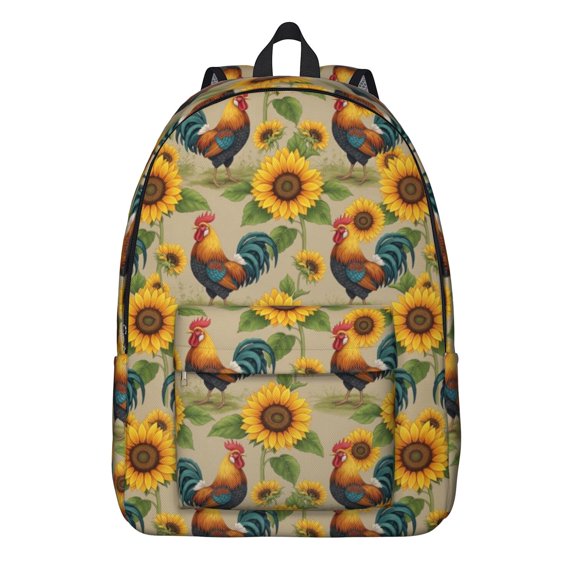 Rooster and Sunflower Beige Pattern Backpack for School, Cute School Bag with Adjustable Shoulder Straps and Padded Back, 15.7"x11.8"x5.5"