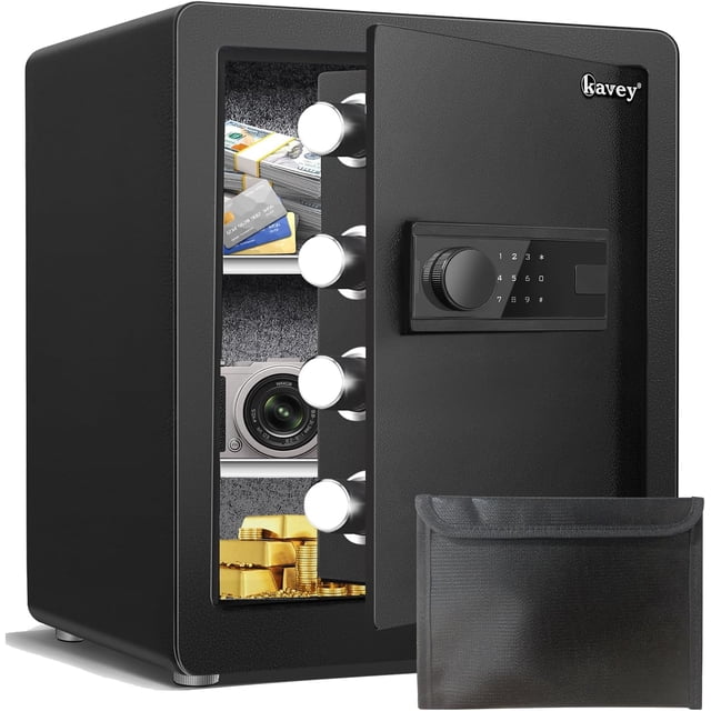 Omethey 2.0 Cub Safe Box with Fireproof Bag, Steel Security Safe with Backlit Touch Screen Keypad, Dual Alarm, Adjustable Shelf, Mute Function and LED Light for Money Home Office