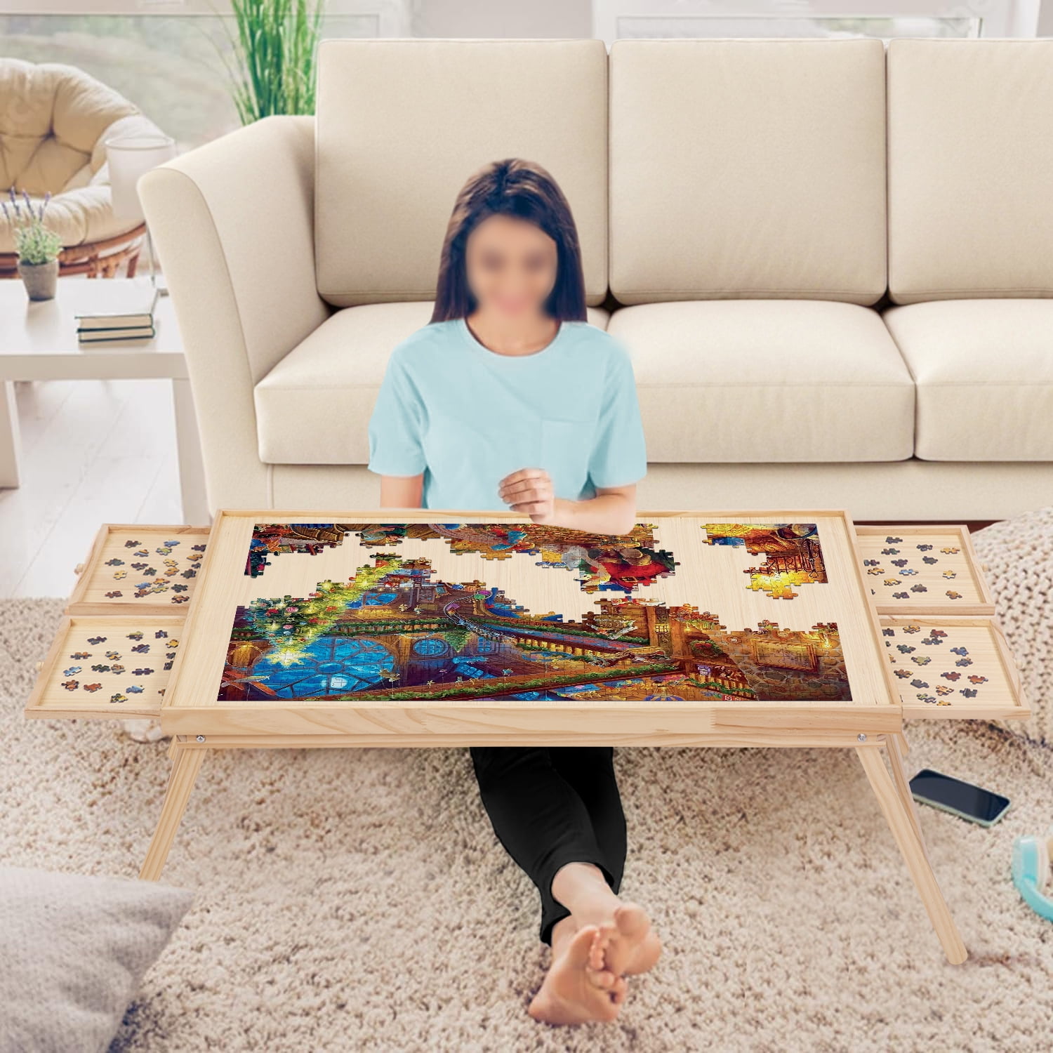1500PCS Folding Puzzle Table, Puzzle Board with Foldable Legs and 4 Drawers  & Co
