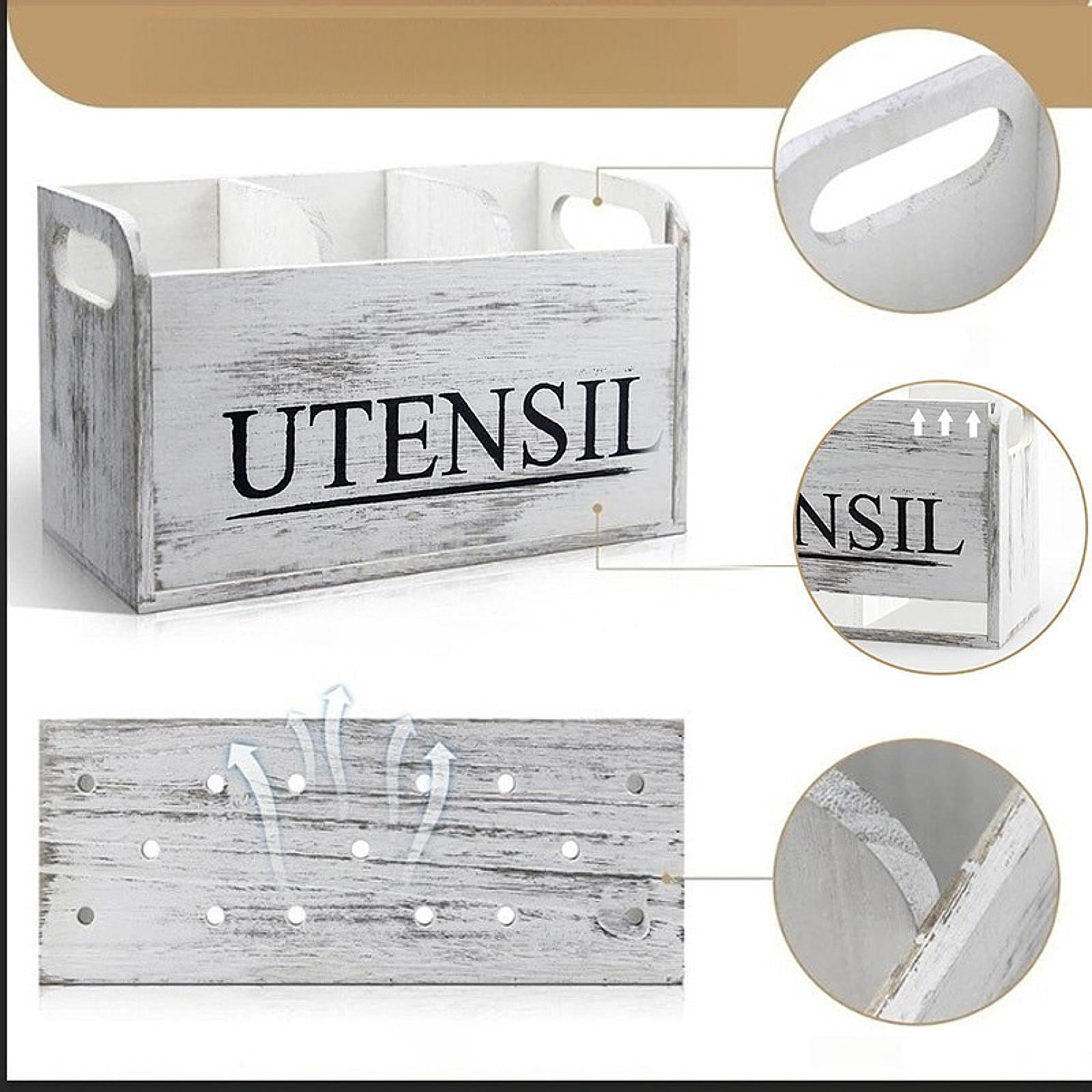 Fiocias White Wooden Utensil Holder with 3 Compartments Cutlery Holder Utensil Organizer