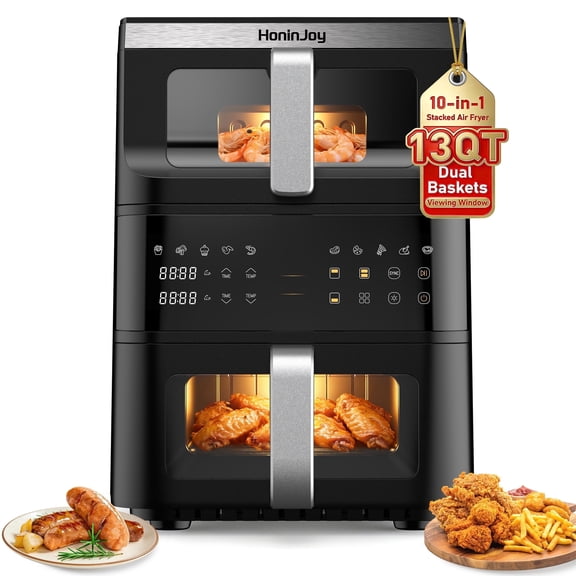 HoninJoy 13 QT Stack Double Basket Air Fryer, Space Saving Design, 10-in1 Air Fryer, Roast, Bake & More, Easy to Clean, Dishwasher Safe Parts
