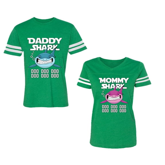 Dady Mama Shark Unisex Couple Matching Cotton Jersey style T-Shirt Contrasting stripes on sleeves (Men Green / Women Green) (Men XL / Women S)