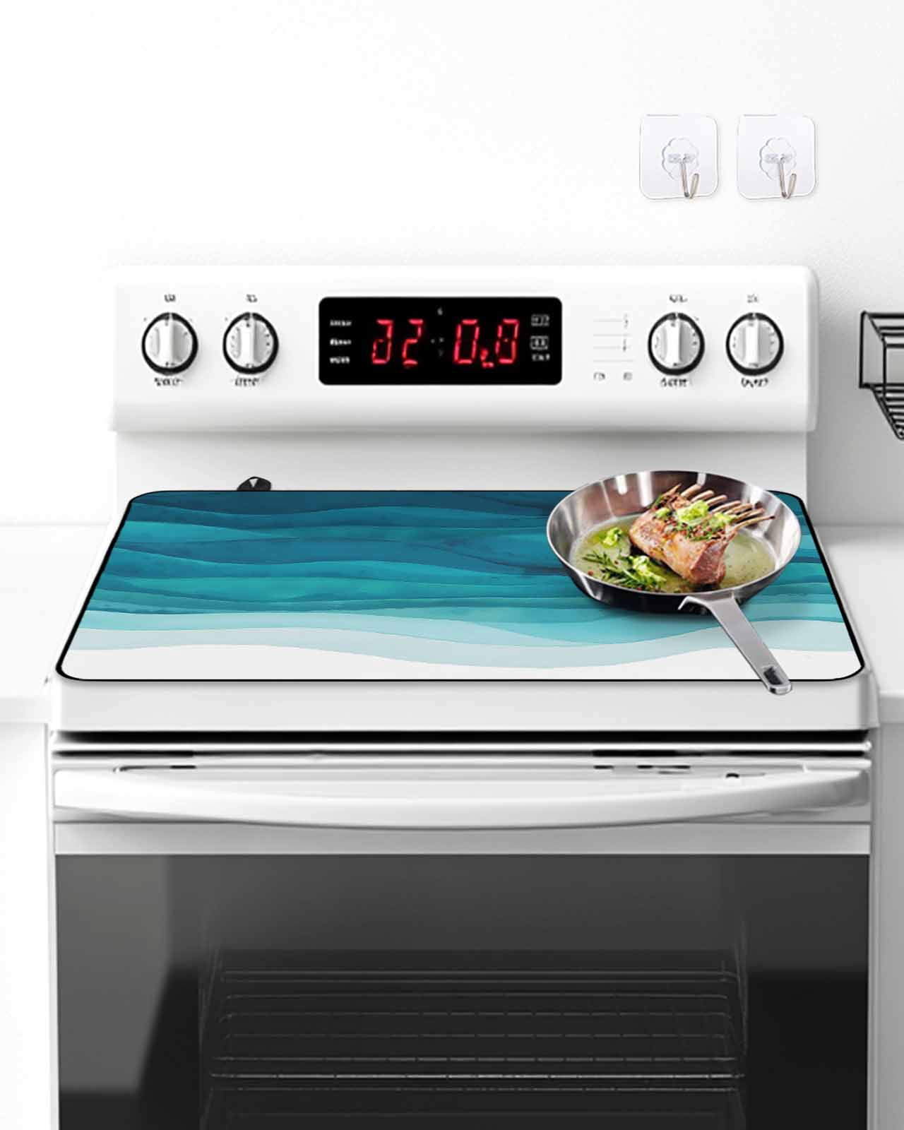 Stove Top Covers for Electric Stove, Teal Turquoise Waves Glass Stovetop Cover Protector, Ombre Coastal Ocean Water Abstract Induction Cooktop Protector Oven Mat for Kitchen Countertop 28.5"x20.5"