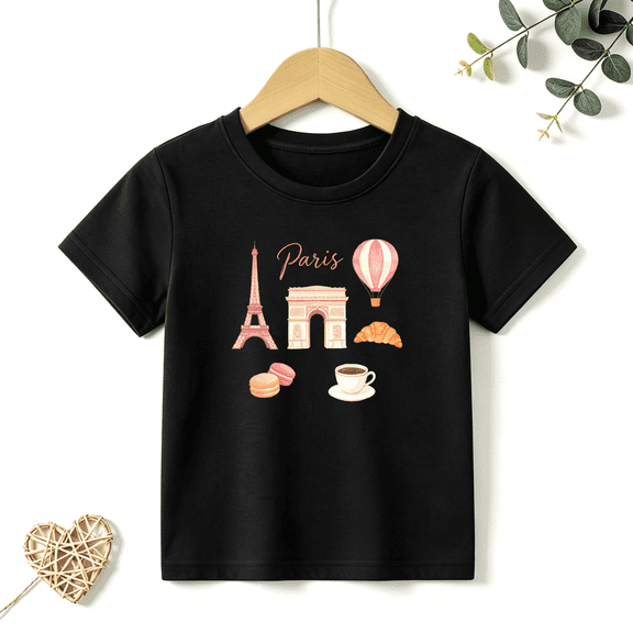 Girls Graphic Tees Paris Kids T Shirt Cute Travel France 100% Cotton Short Sleeve Soft Tops 4-13Y