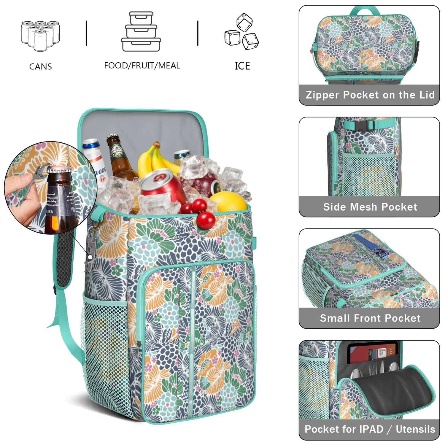 Travel Cooler Bag - Pioneer Flower Floral Print Pattern Camping Beer Cooler Backpack with Bottle Opener- Waterproof Insulated Picnic Backpacks - Cooler Bag for Beach