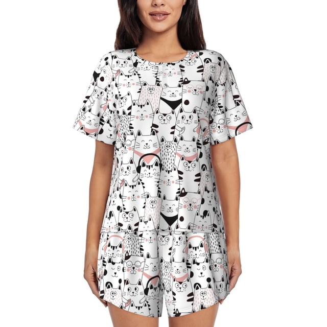 Balery Cute Cat Conjunto de Pijama para Mujer con Estampado, Dos Piezas de Manga Corta y Shorts, Ropa de Dormir Suave con Cuello Redondo y Bolsillos-XX-Large