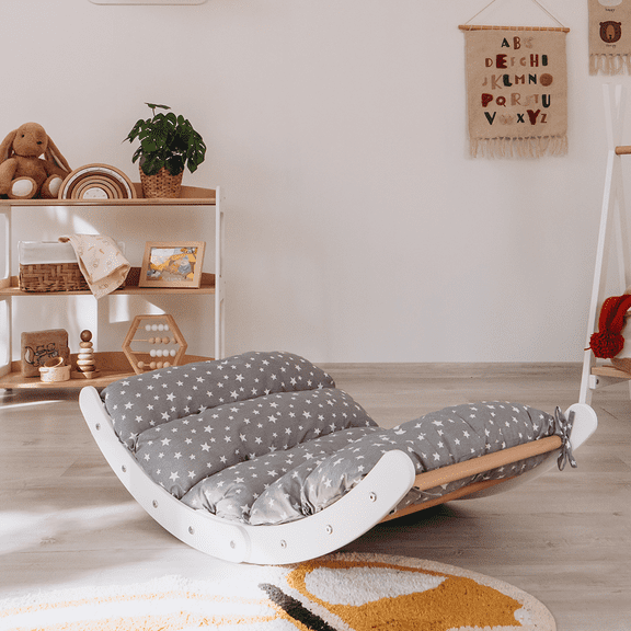 Woodandhearts Arch with Cushion Stars pattern,  Climbing Toys for Toddlers Inside, Montessori Toddler Climbing Toys Indoor, Montessori Wooden Toys, Wooden Play Gym in White and Wood color, Mini size