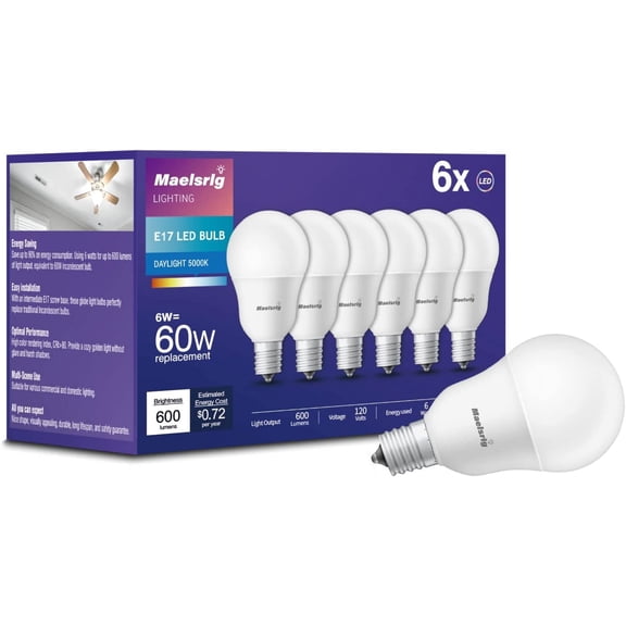 E17 Intermediate Base YANTON Bulb, 6W (60 Watt Equivalent) G14 YANTON Ceiling Fan Light Bulbs, Daylight White 5000K, 600 LumeYANTON, Non-Dimmable, Pack of 6