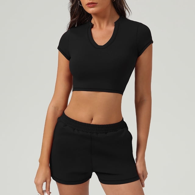 PISONIC Women's V-Neck Crop Top & Shorts Set - Active Fitness Apparel with 4 Color Options